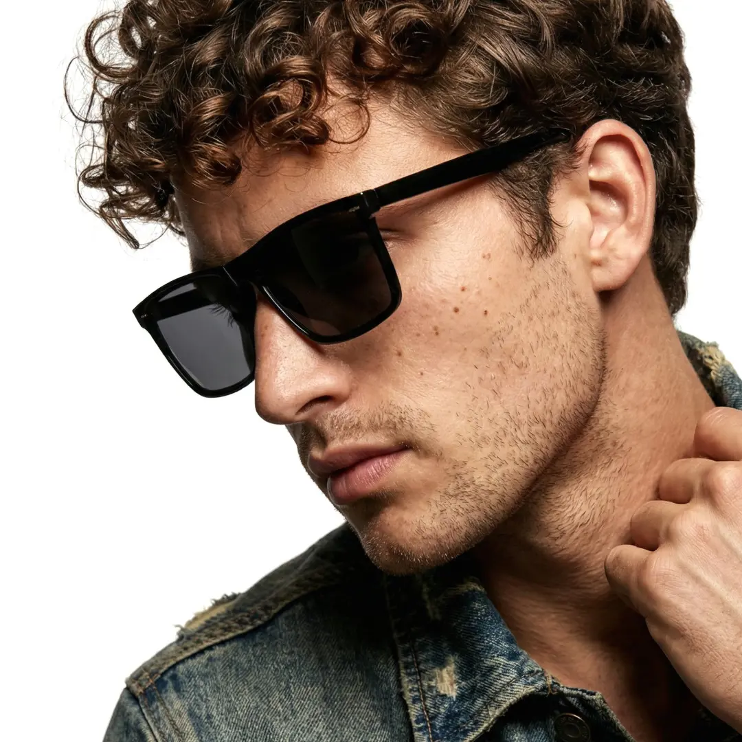 Three-quarter view of male wearing black square sunglasses, neutral expression, SR0112506