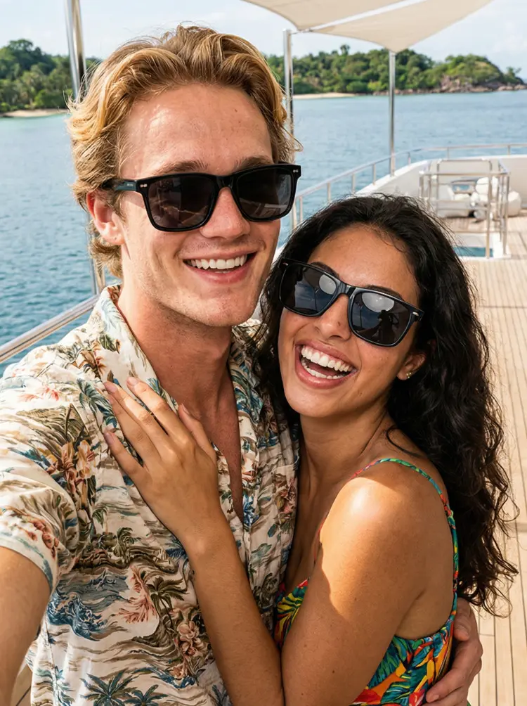 Couple model wearing everyday black square tr90 sunglasses on a luxury yacht deck at sea. SPU: SR0112506