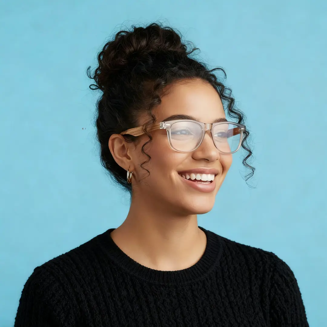 Looking away view of female wearing grey square sunglasses, natural smile, SR0182303