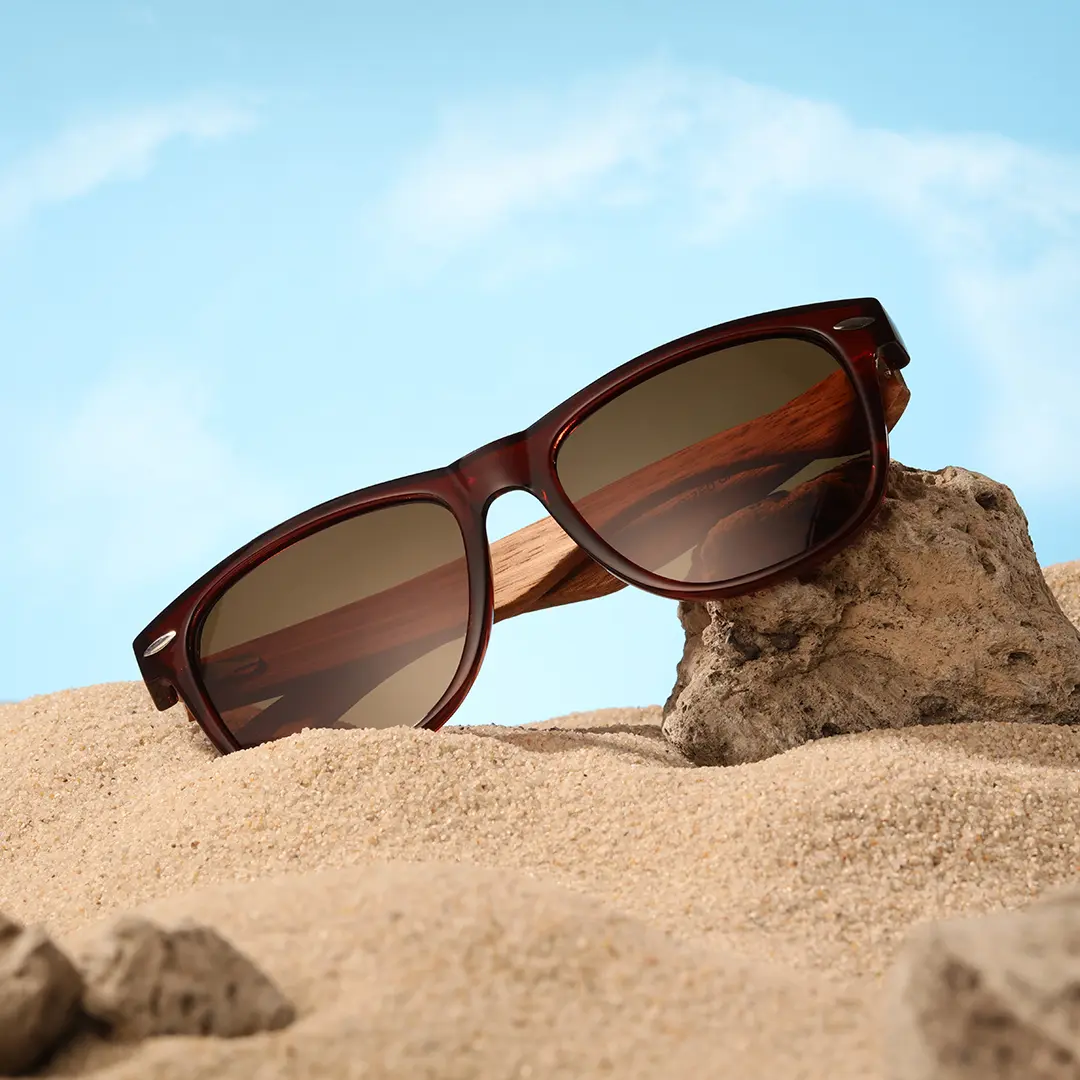 Scene view of Bnger square wood sunglasses SR0182303 in red