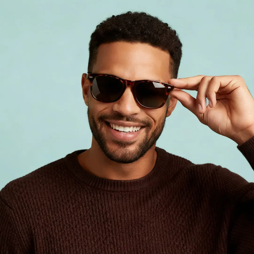 Profile view of male wearing tortoise square sunglasses, touching frame, natural smile, SR0182303