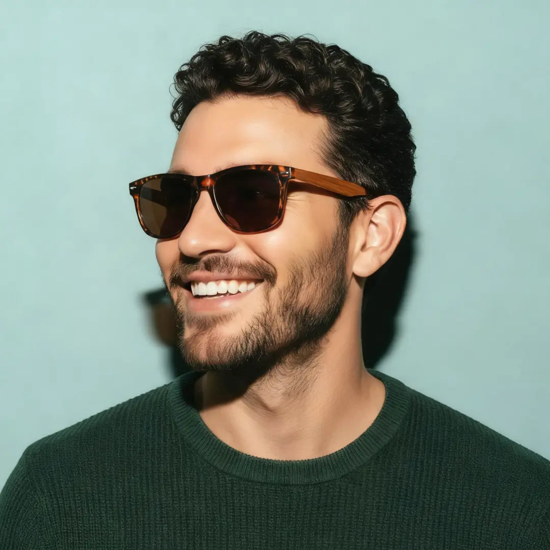 Looking away view of male wearing tortoise square sunglasses, smiling, SR0182303