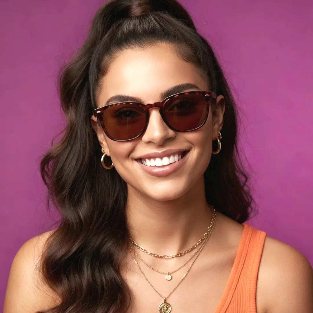 Profile view of female wearing tortoise square sunglasses, smiling, SR0182303