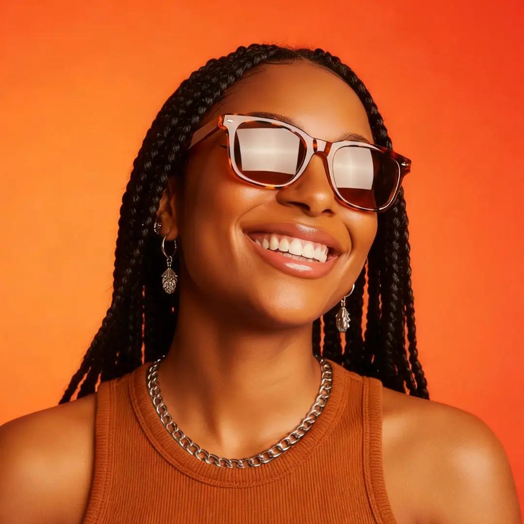 Looking away view of female wearing tortoise square sunglasses, smiling, SR0182303