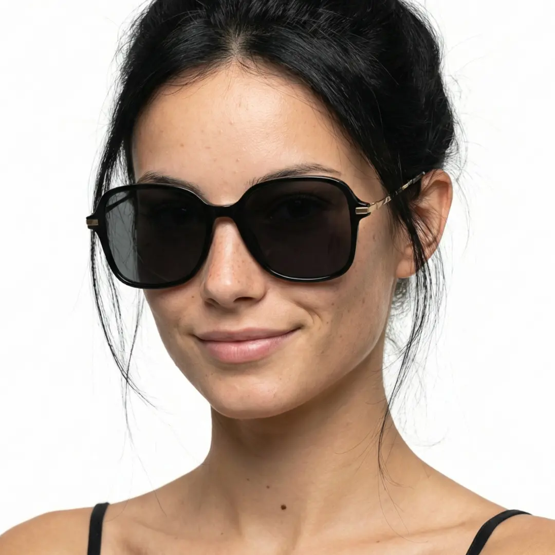 Front view of female wearing black square sunglasses, natural smile, SR0222410