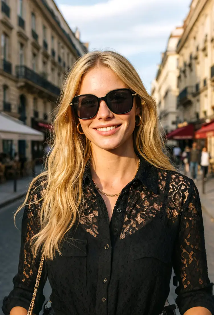 Female model wearing everyday glasses black square tr90 sunglasses in a Paris street. SPU: SR0222410