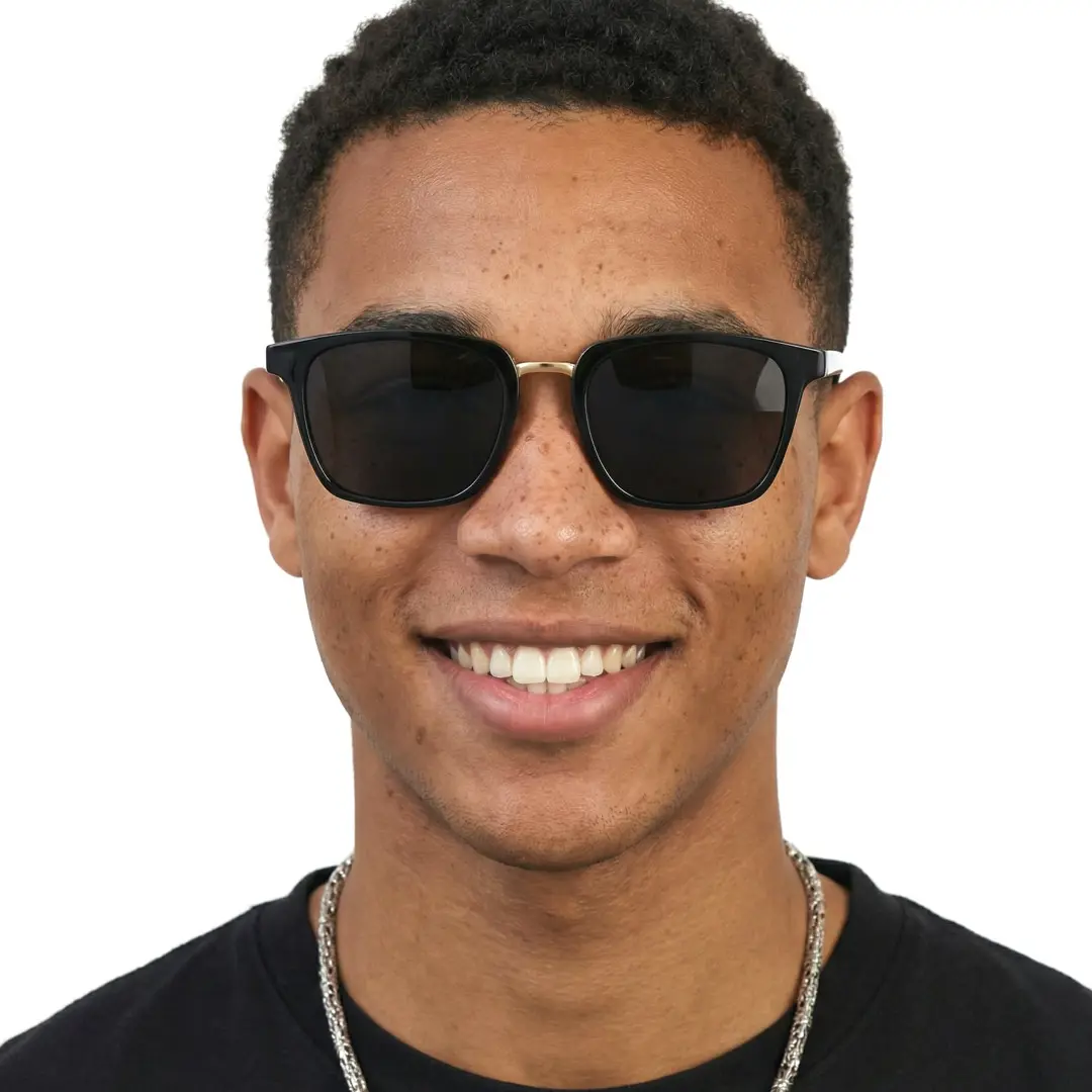 Close-up view of male wearing black square sunglasses, natural smile, SR0232308S