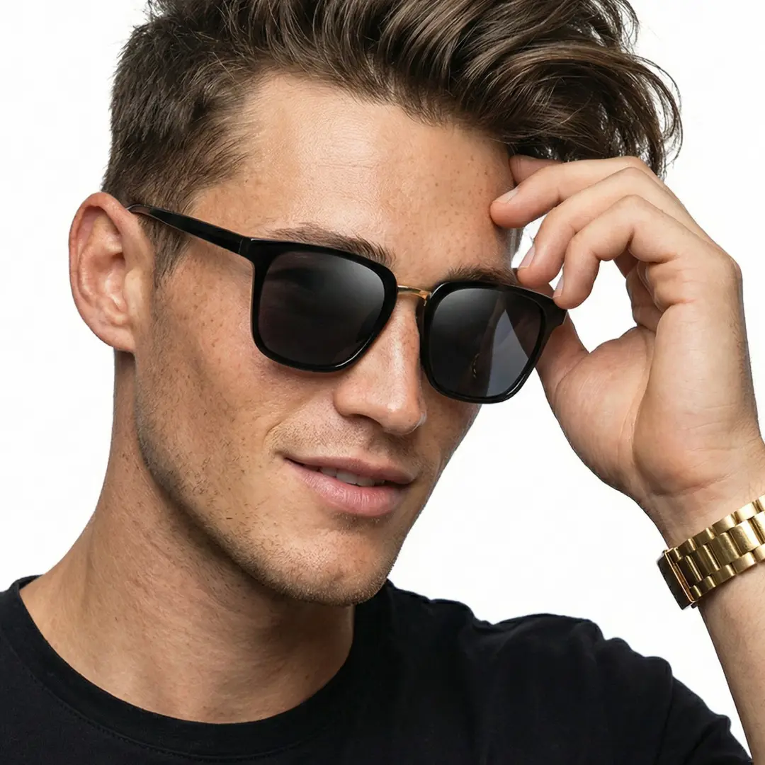Three-quarter view of male wearing black square sunglasses, hand resting on forehead, neutral expression, SR0232308S