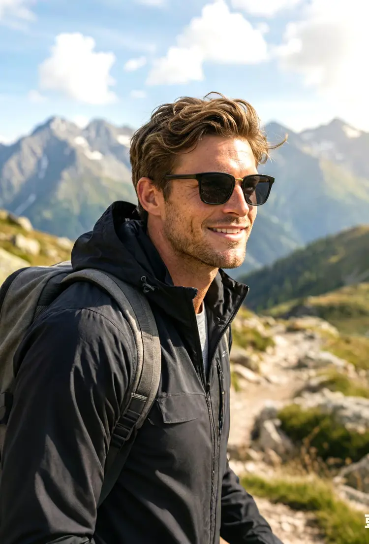 Male model wearing everyday black square tr90 sunglasses on a sunny mountain hiking trail. SPU: SR0232308S