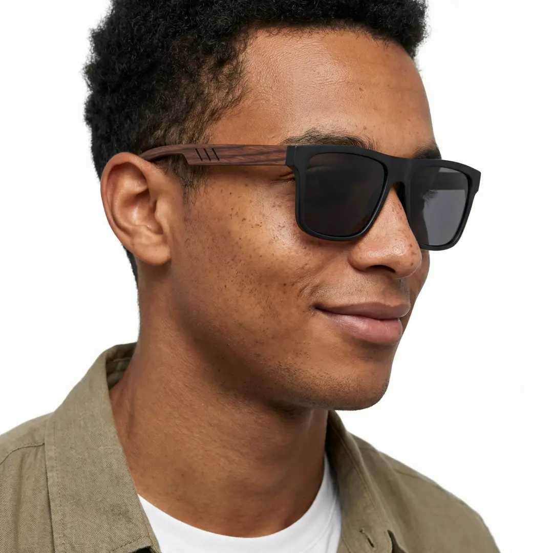 Looking away view of male wearing black square sunglasses, soft smile, SX0012304