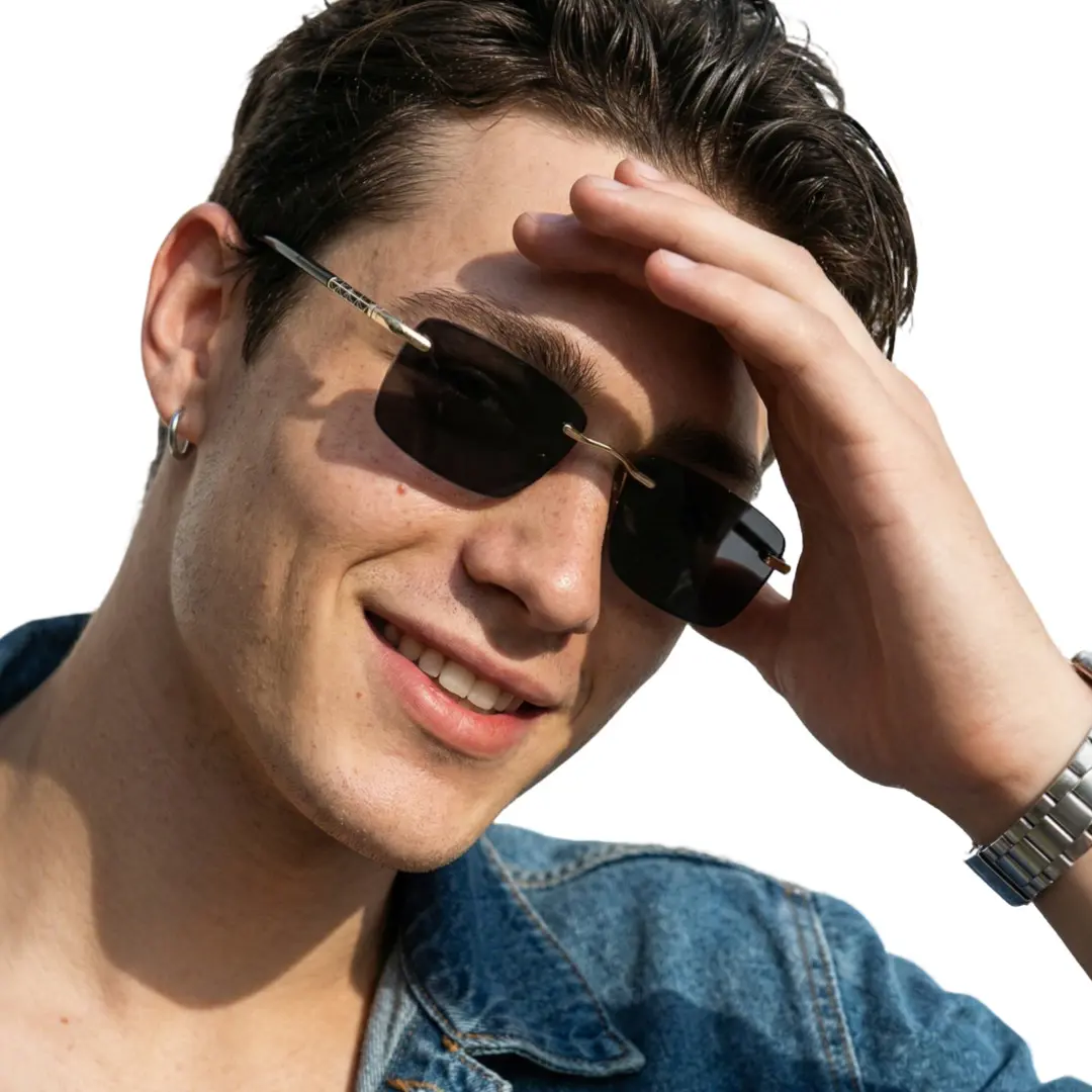 Three-quarter view of male wearing gold square sunglasses, hand resting on forehead, smiling, SX0152507S
