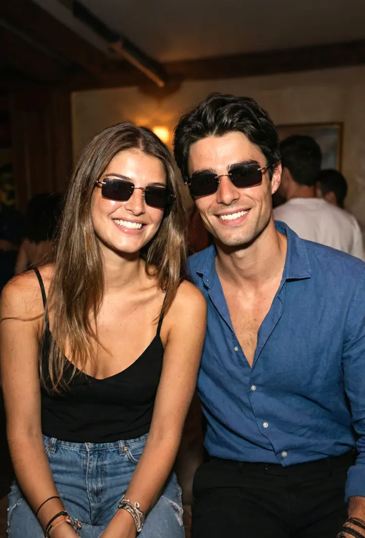 Couple model wearing everyday gold square tr90 sunglasses at an indoor party. SPU: SX0152507S