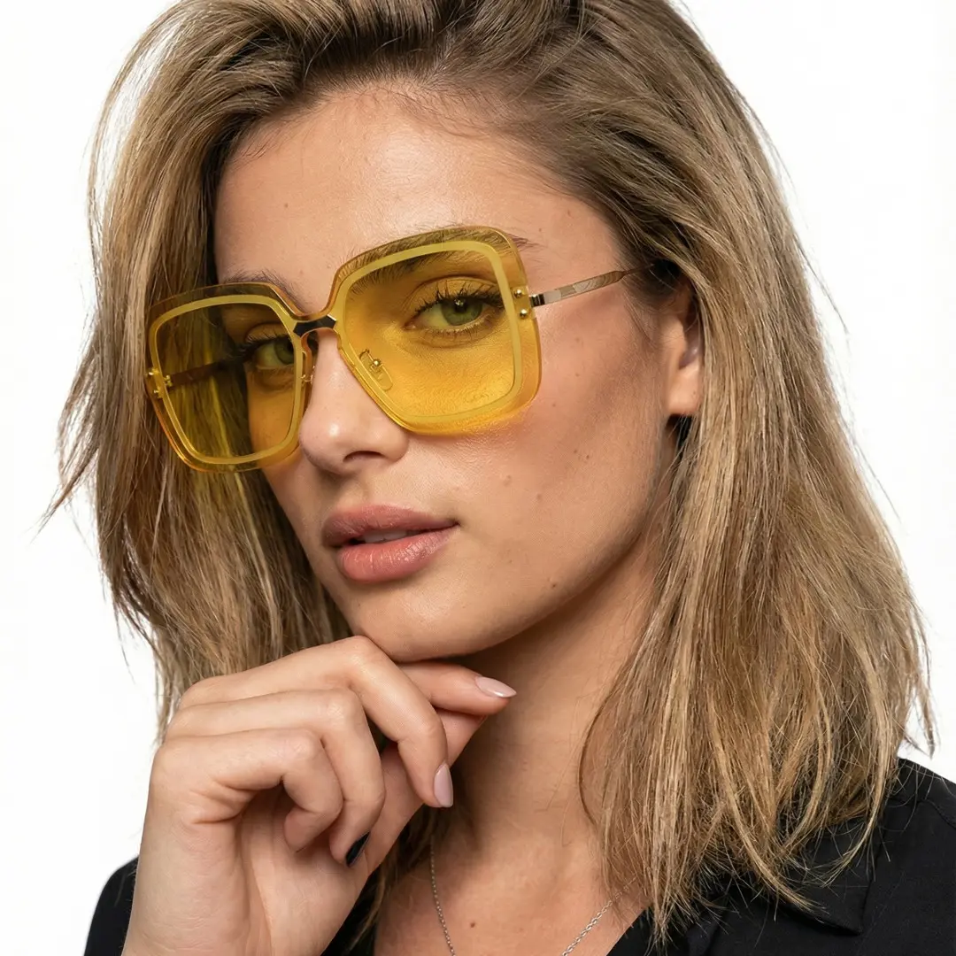 Front view of female wearing yellow square sunglasses, resting chin on hand, soft smile, SX0372508