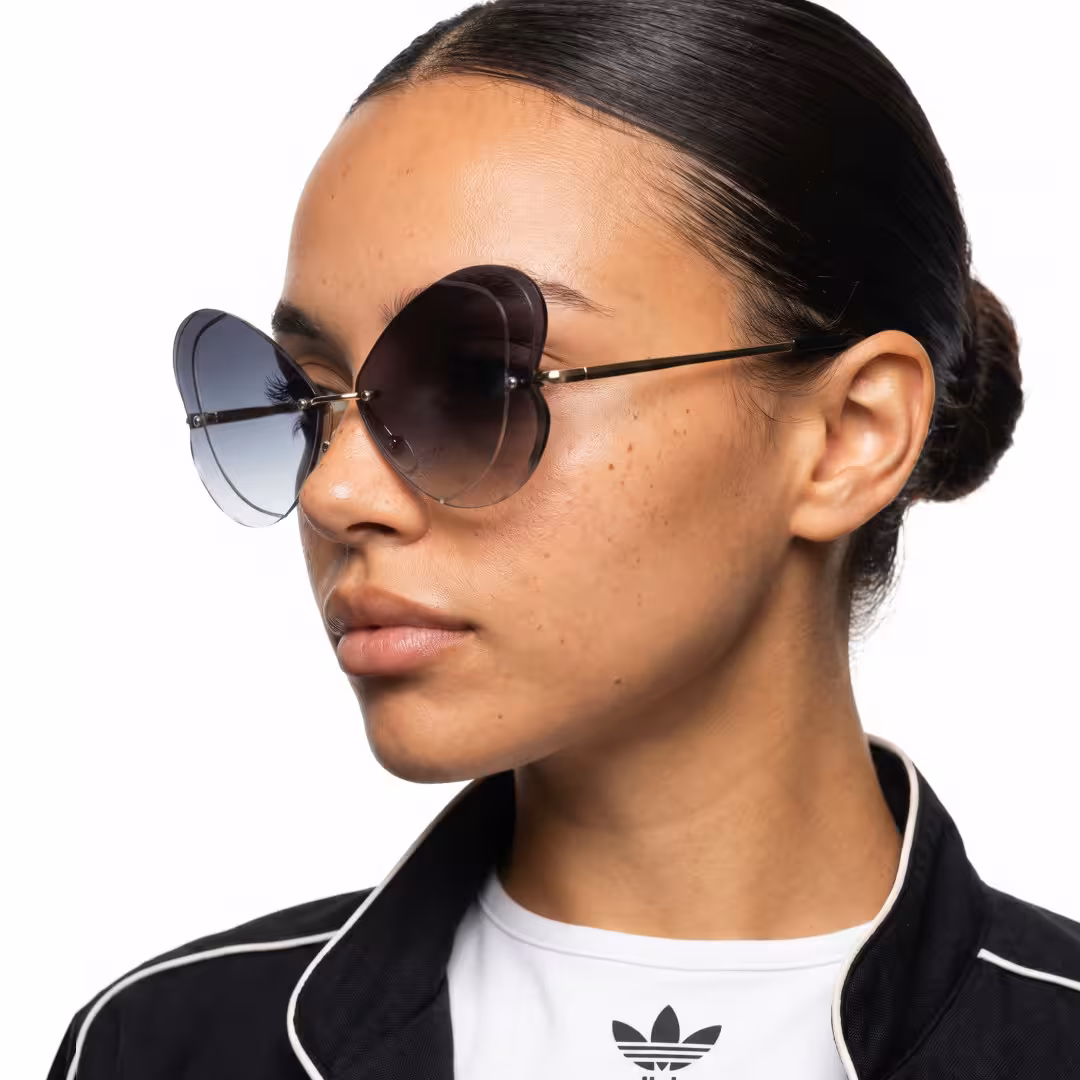 Profile view of black unique sunglasses, natural expression. SPU: UM0102604