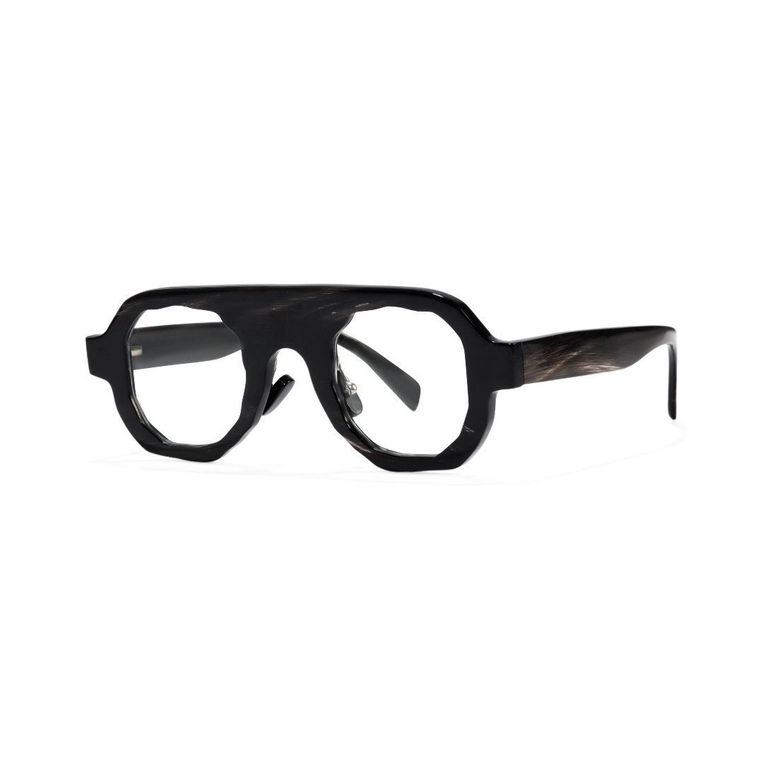 Angle view of nilo round natural ox horn handcrafted eyeglasses ra0062506 in tortoise