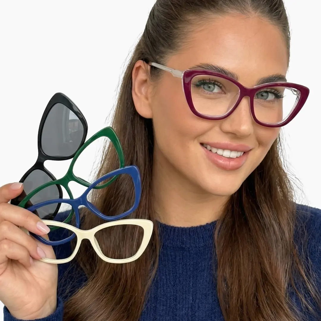Three-quarter view of male wearing yellow cat eye eyeglasses,hahaha,smiling, FCR0022512