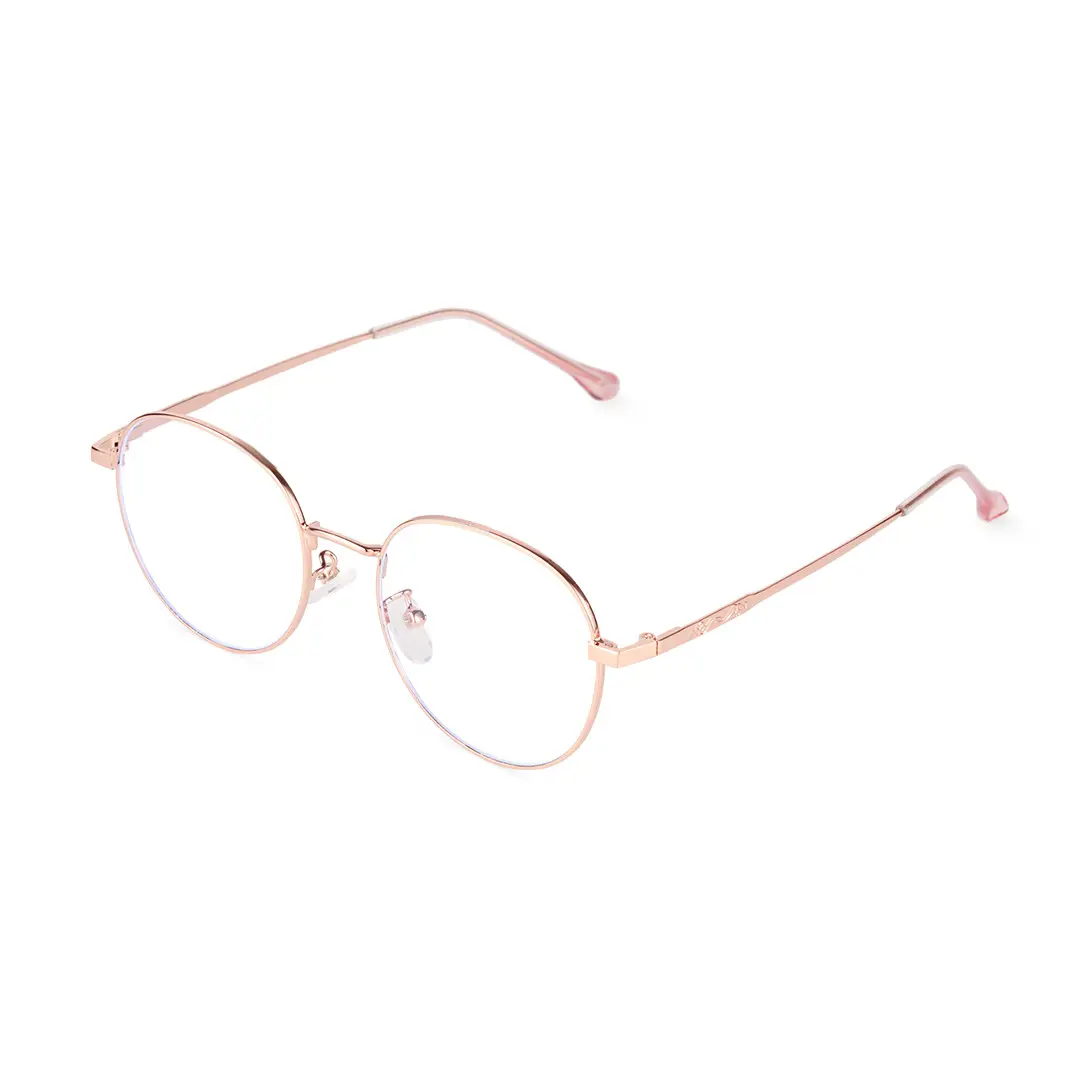 Angle view of Ameliay round metal eyeglasses RM0082209 in pink