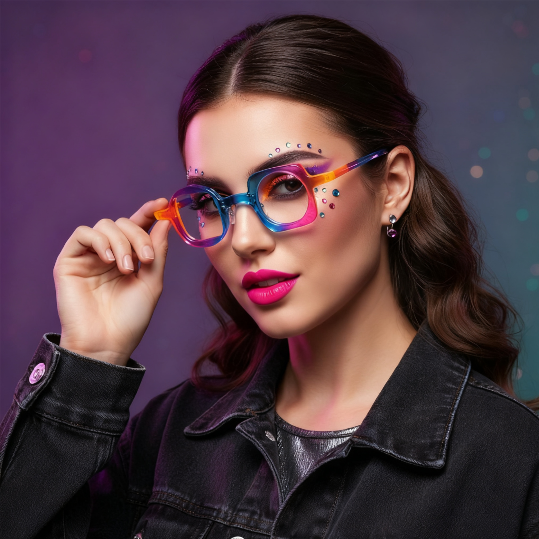 Three-quarter view of female wearing multicolor unique eyeglasses, holding glasses, neutral expression, UA0082306