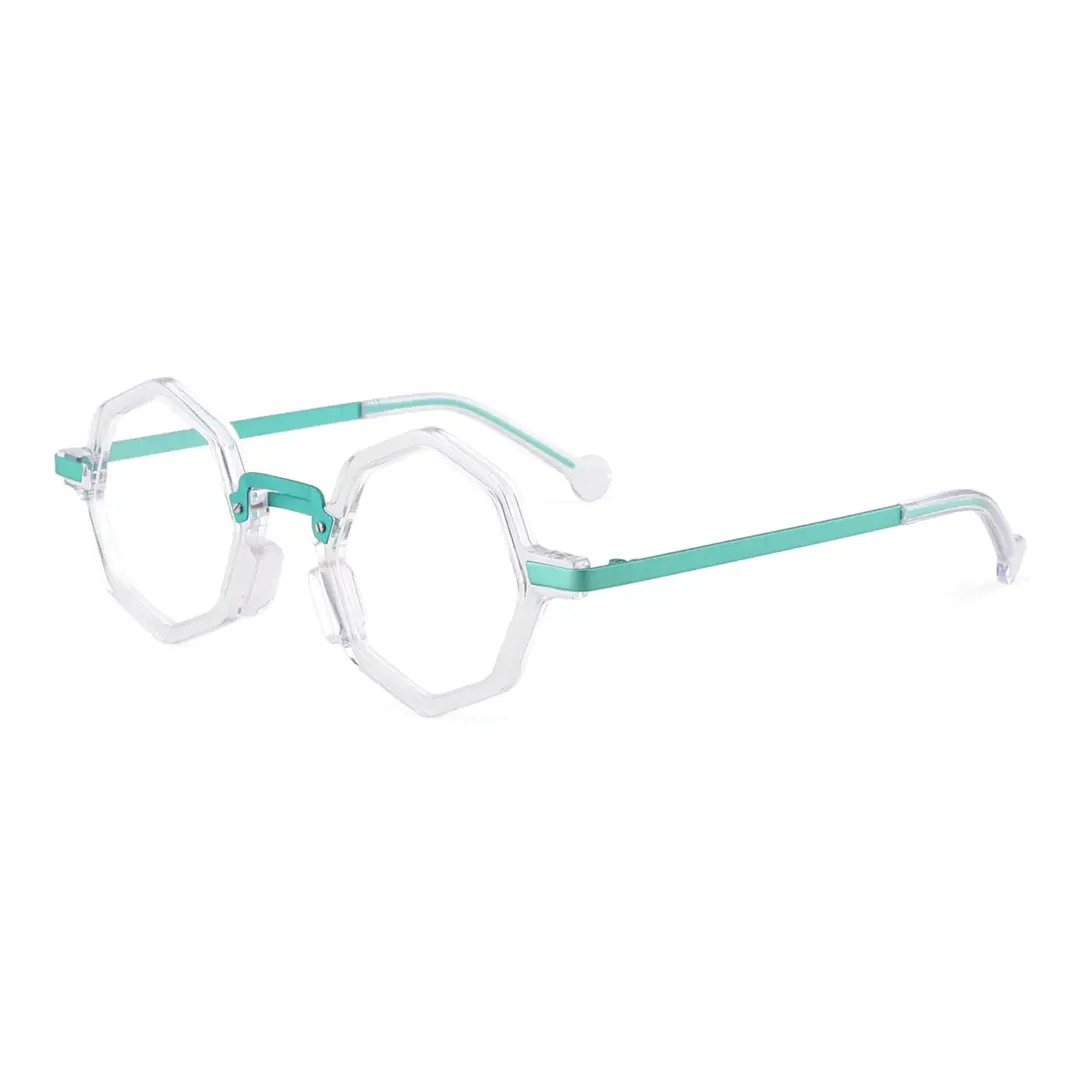 Angle view of Barrett geometric acetate eyeglasses RM0072401 in green