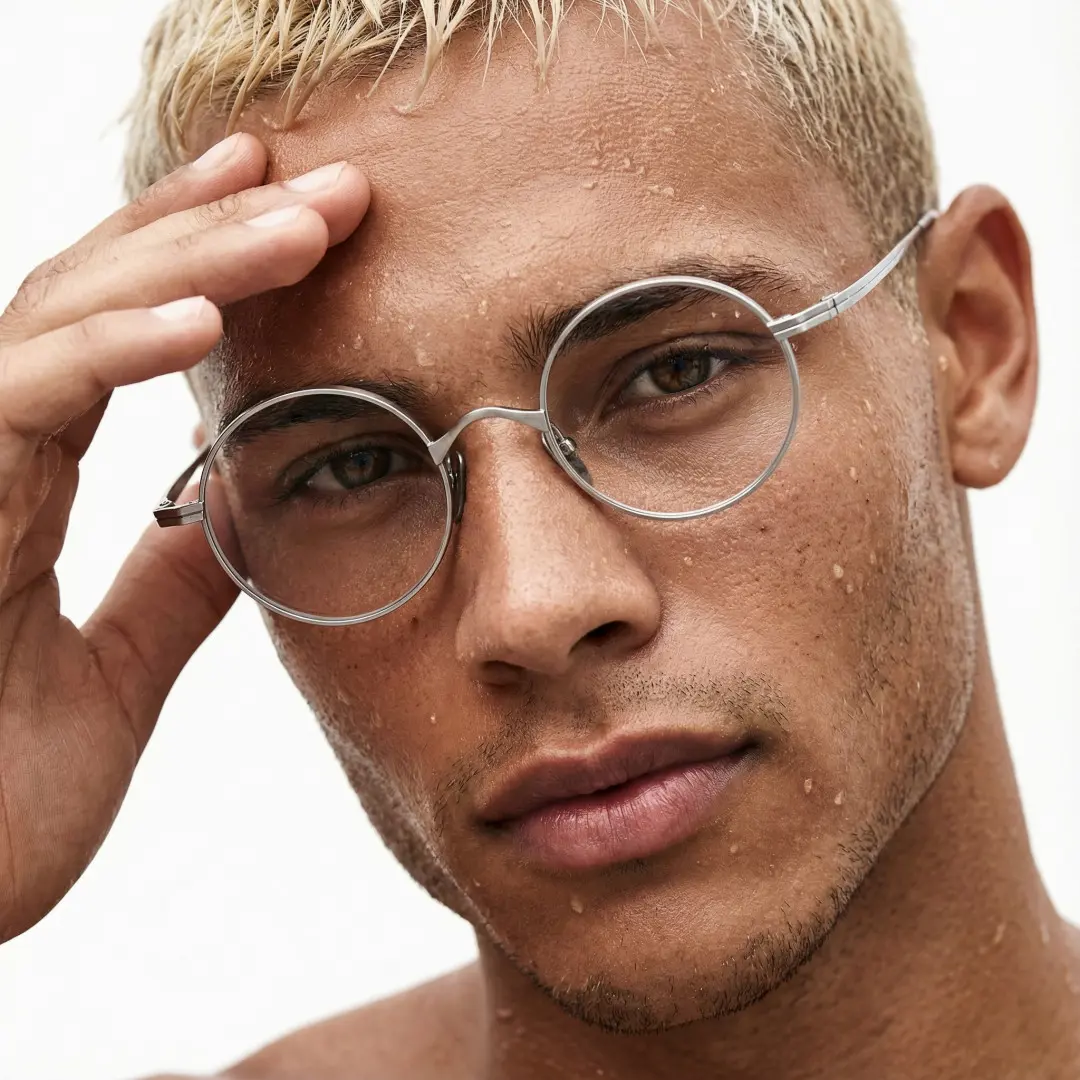 Front view of male wearing silver round eyeglasses, hand resting on forehead, neutral expression, RT0172303