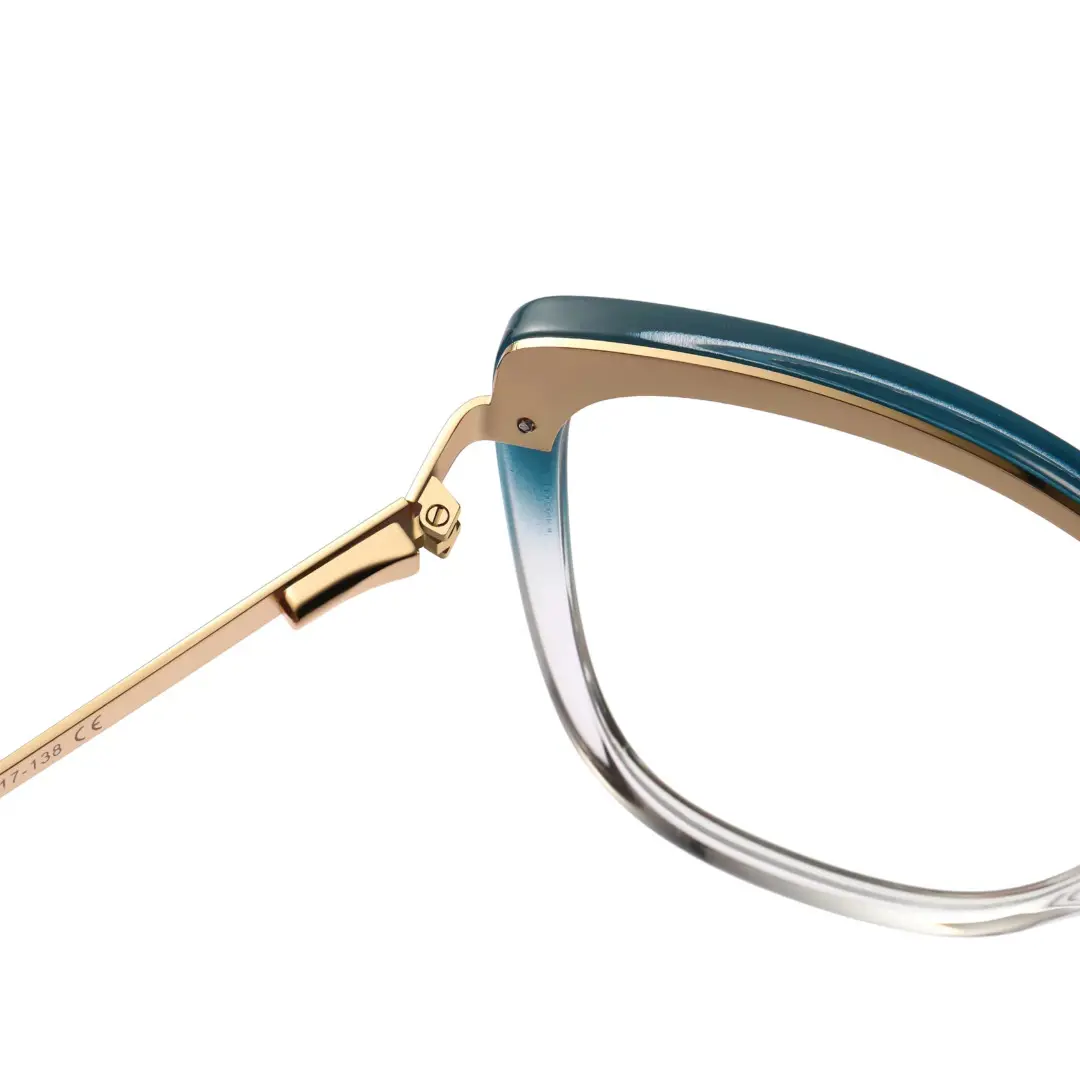 Spring hinge detail of Boost cat eye tr90 eyeglasses CR0342302 in blue