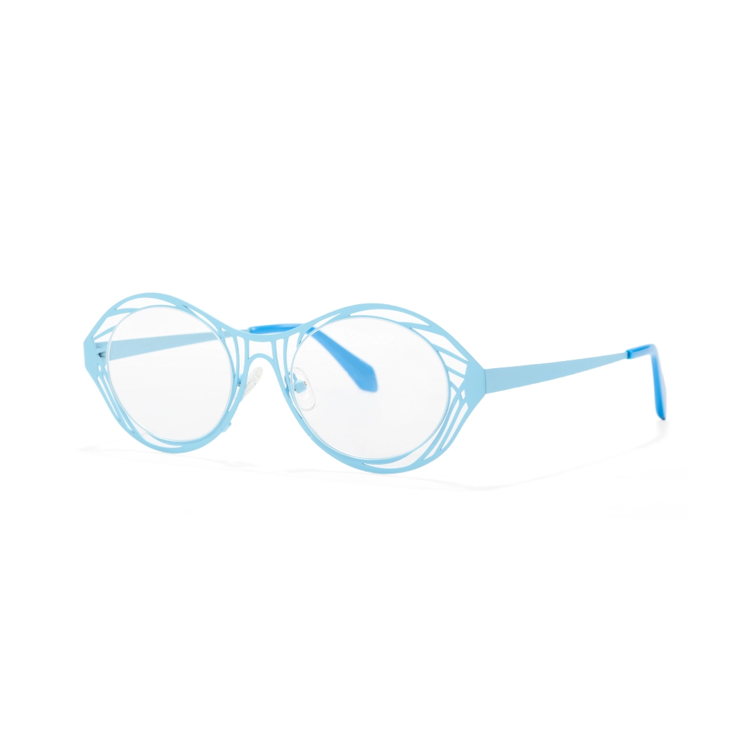 Angle view of Butterfly oval metal eyeglasses OM0082212 in light blue