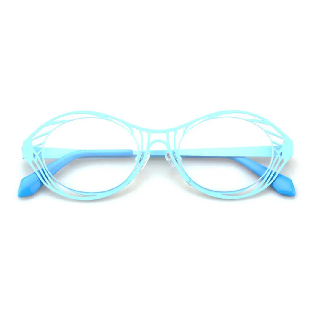 Front folded view of Butterfly oval metal eyeglasses OM0082212 in light blue