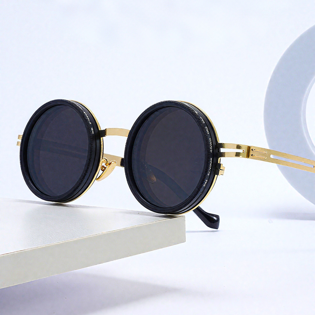Scene view of Caelon steampunk round metal sunglasses RM0352507 in gold