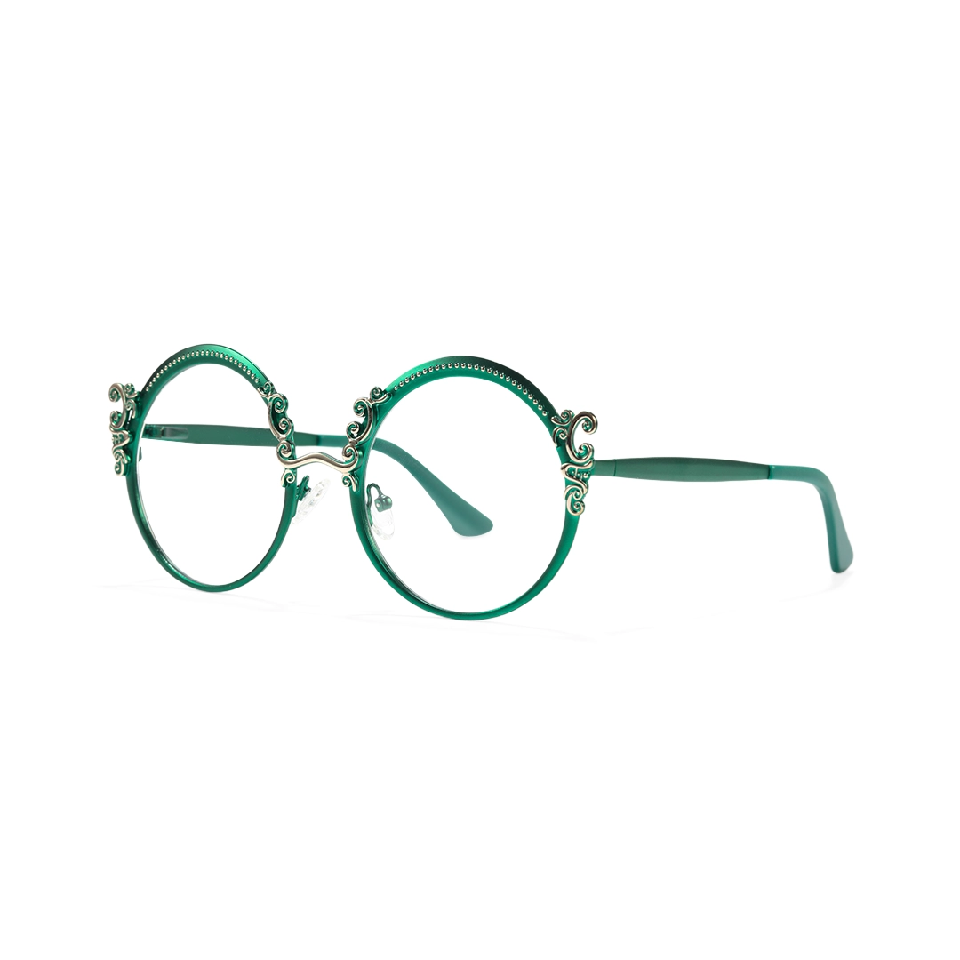 Angle view of Camilla round metal eyeglasses RM0072601 in green