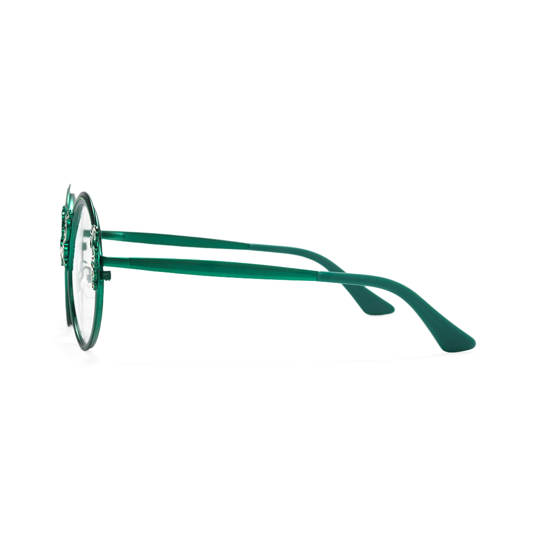 Side view of Camilla round metal eyeglasses RM0072601 in green