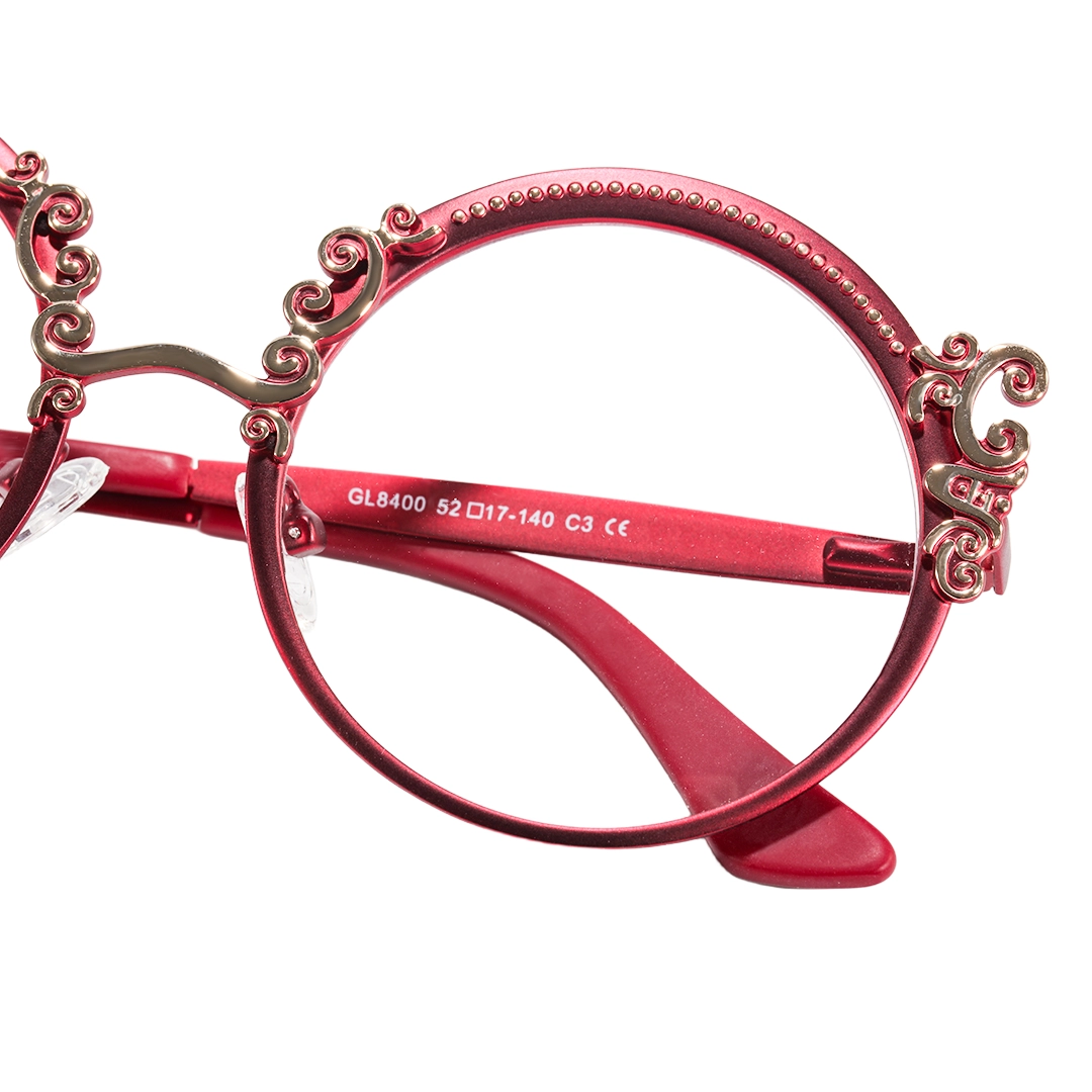End piece detail of Camilla round metal eyeglasses RM0072601 in red