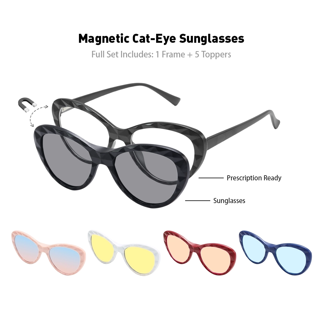 Set view of Clio cat eye pc magnetic clip-on eyeglasses set with interchangeable toppers CP0422506 in black