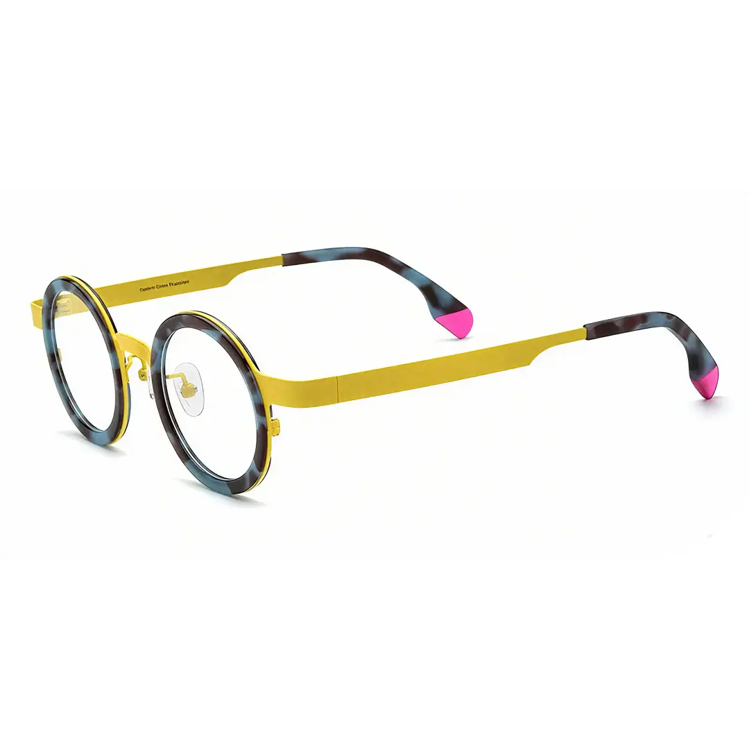 Angle view of Colin round acetate eyeglasses RA0302408 in blue tortoise