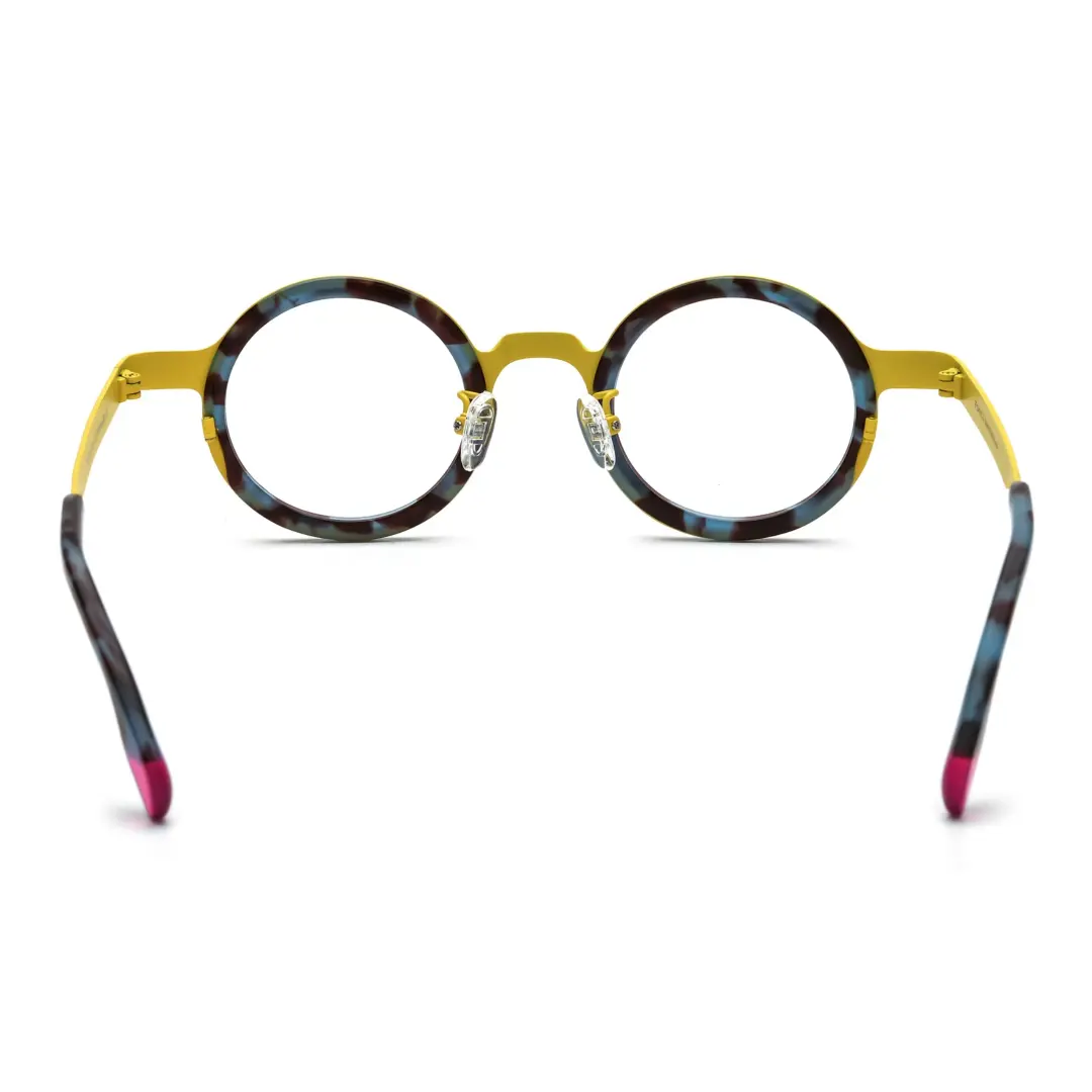 Back view of Colin round acetate eyeglasses RA0302408 in blue tortoise