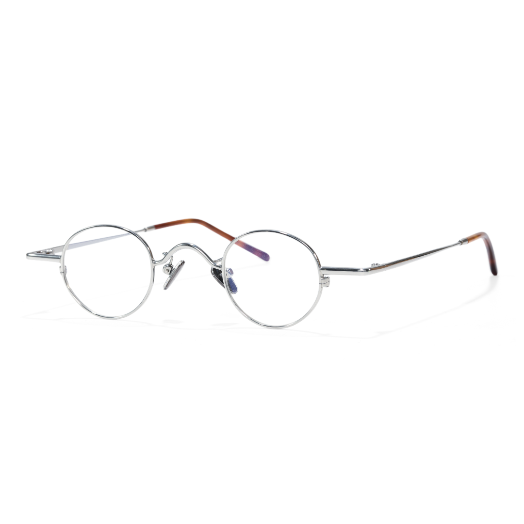 Angle view of Cory round metal eyeglasses RM0202601 in silver
