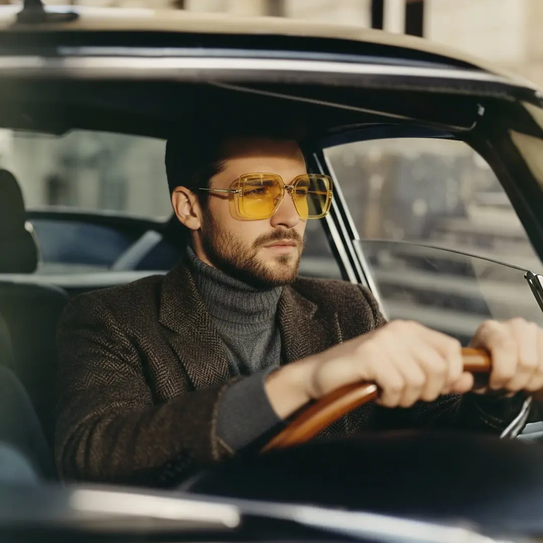 Front view of male wearing yellow square sunglasses, neutral expression, SX0372508