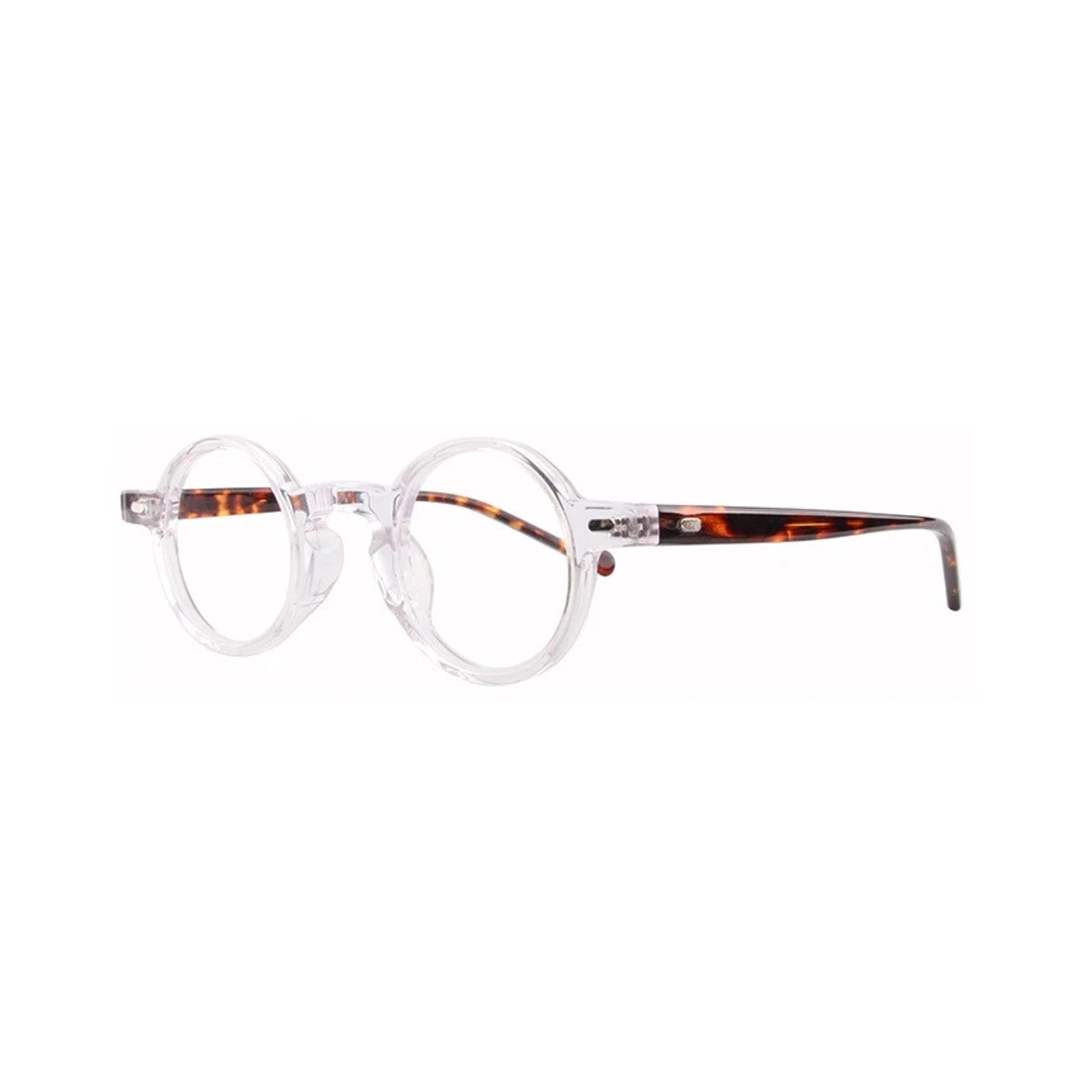 Angle view of Eirene round acetate eyeglasses RA0042301 in clear