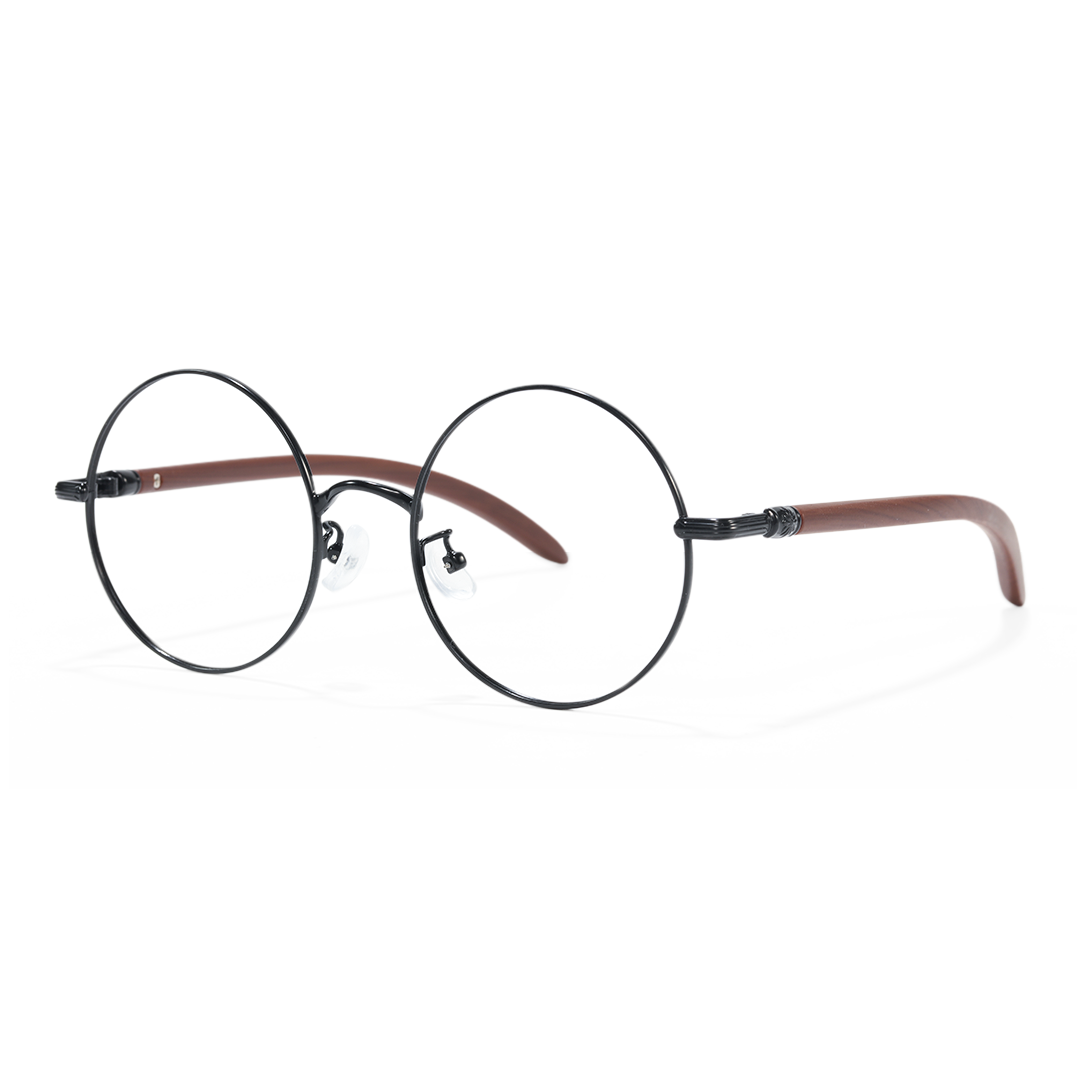 Angle view of ELKLOOK round metal eyeglasses FS-RM0302407 in black brown