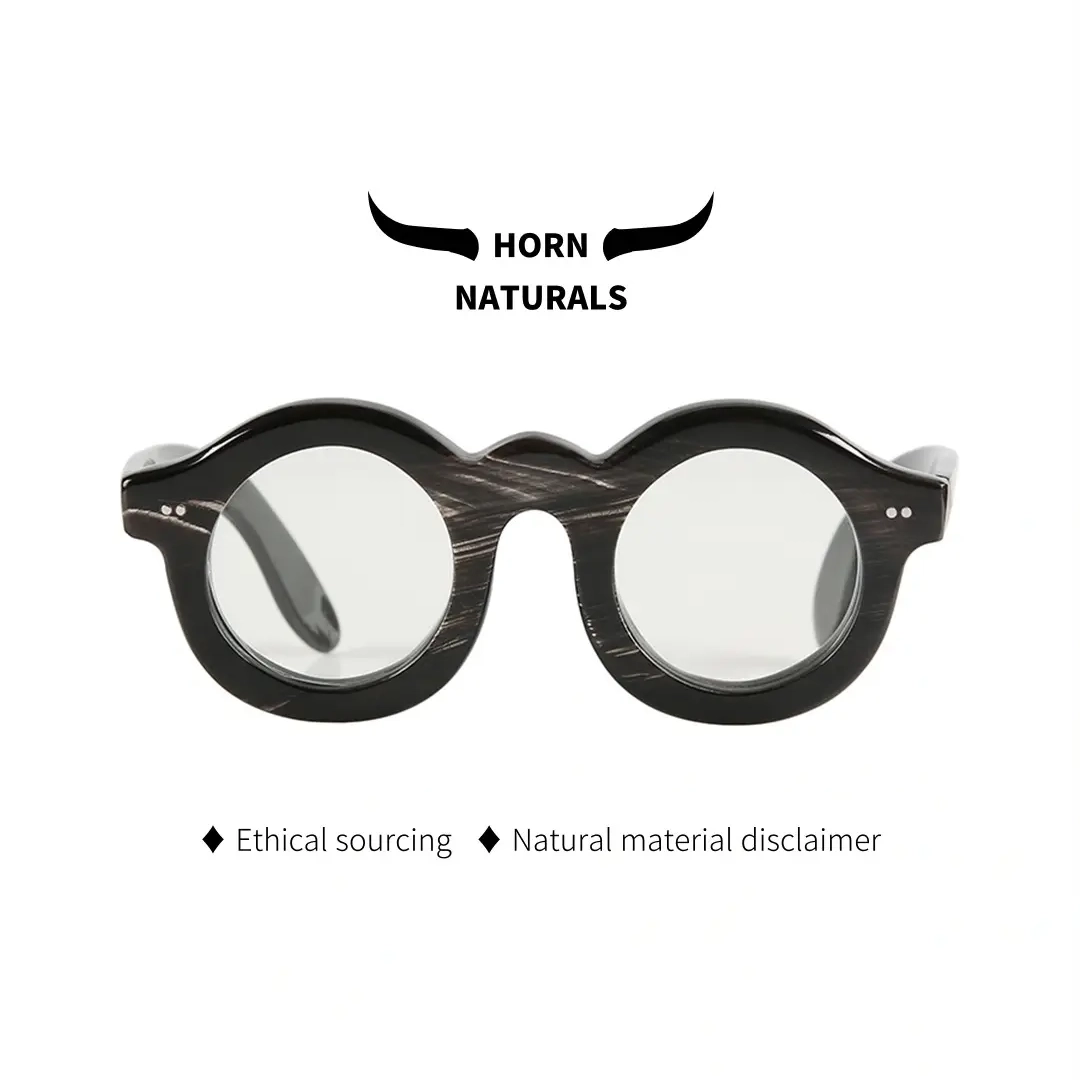 Front view of Ember round natural ox horn handcrafted eyeglasses RO0302511 in black