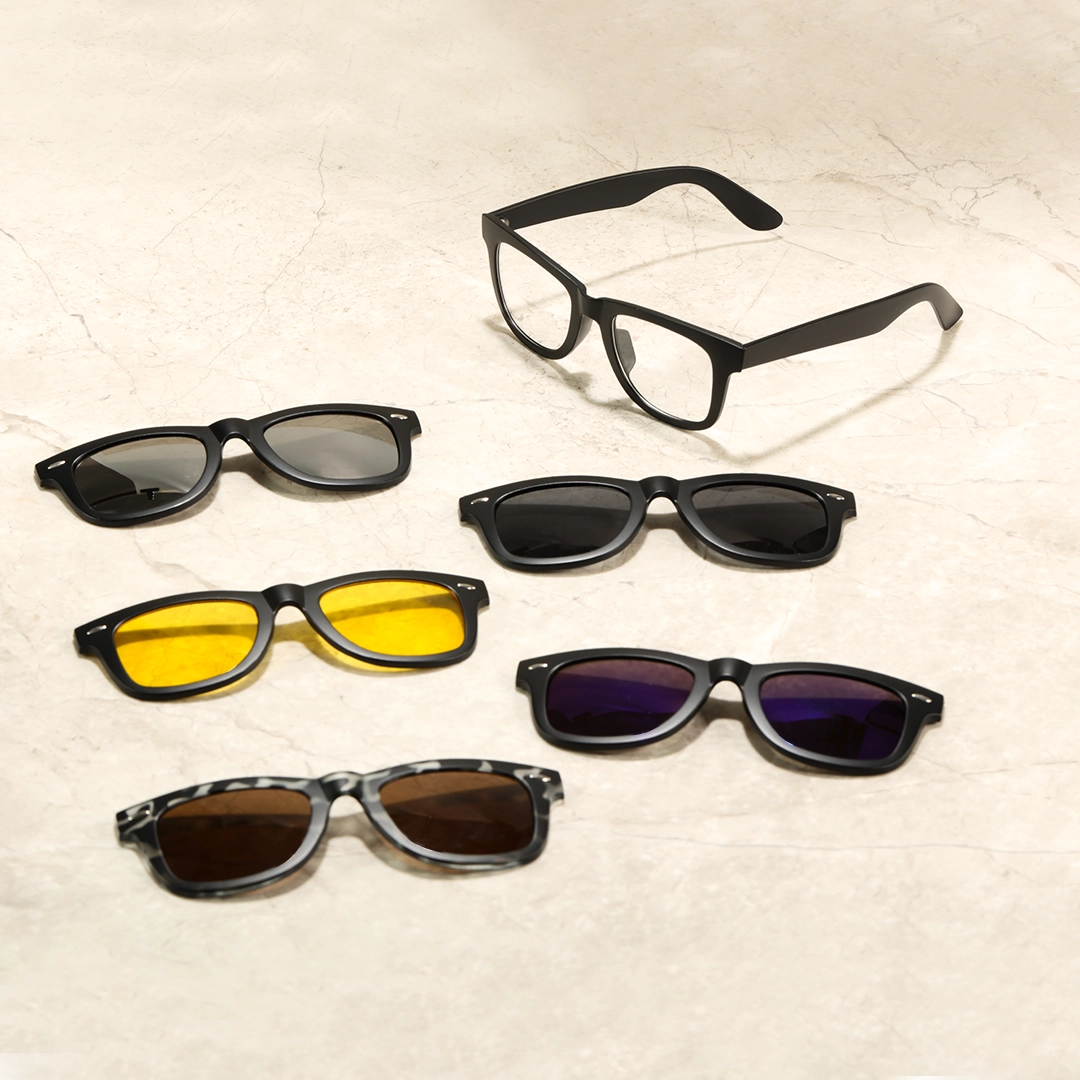 Scene view of Emrys square tr90 magnetic clip-on eyeglasses set with interchangeable clip-on lenses SR0052512 in black