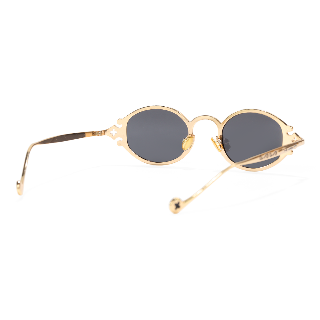 Back view of Evren oval metal sunglasses OM0352601 in gold