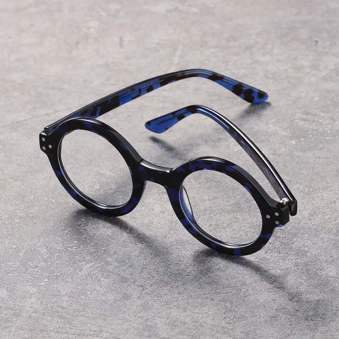 Scene close-up view of Farrah round acetate eyeglasses RA0322408 in blue