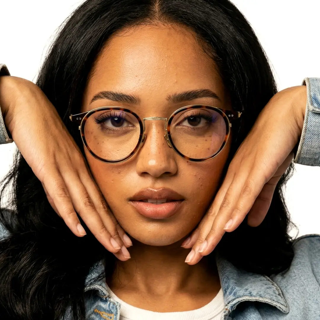 Front view of female wearing tortoise round eyeglasses, resting chin on hand, natural smile, RT0022209