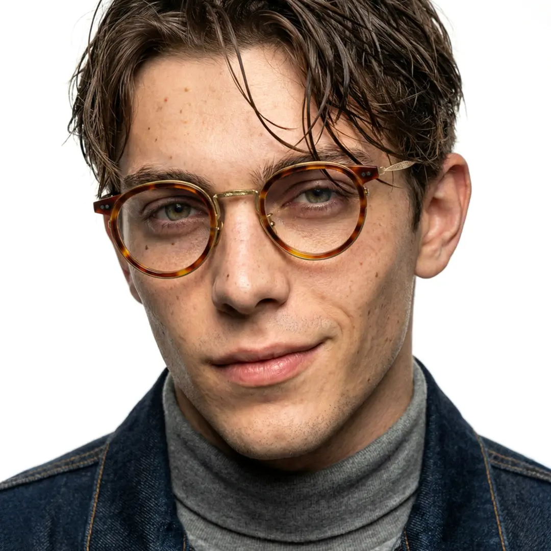 Front view of vintage yellow tortoise round eyeglasses, calm expression, RT0022209