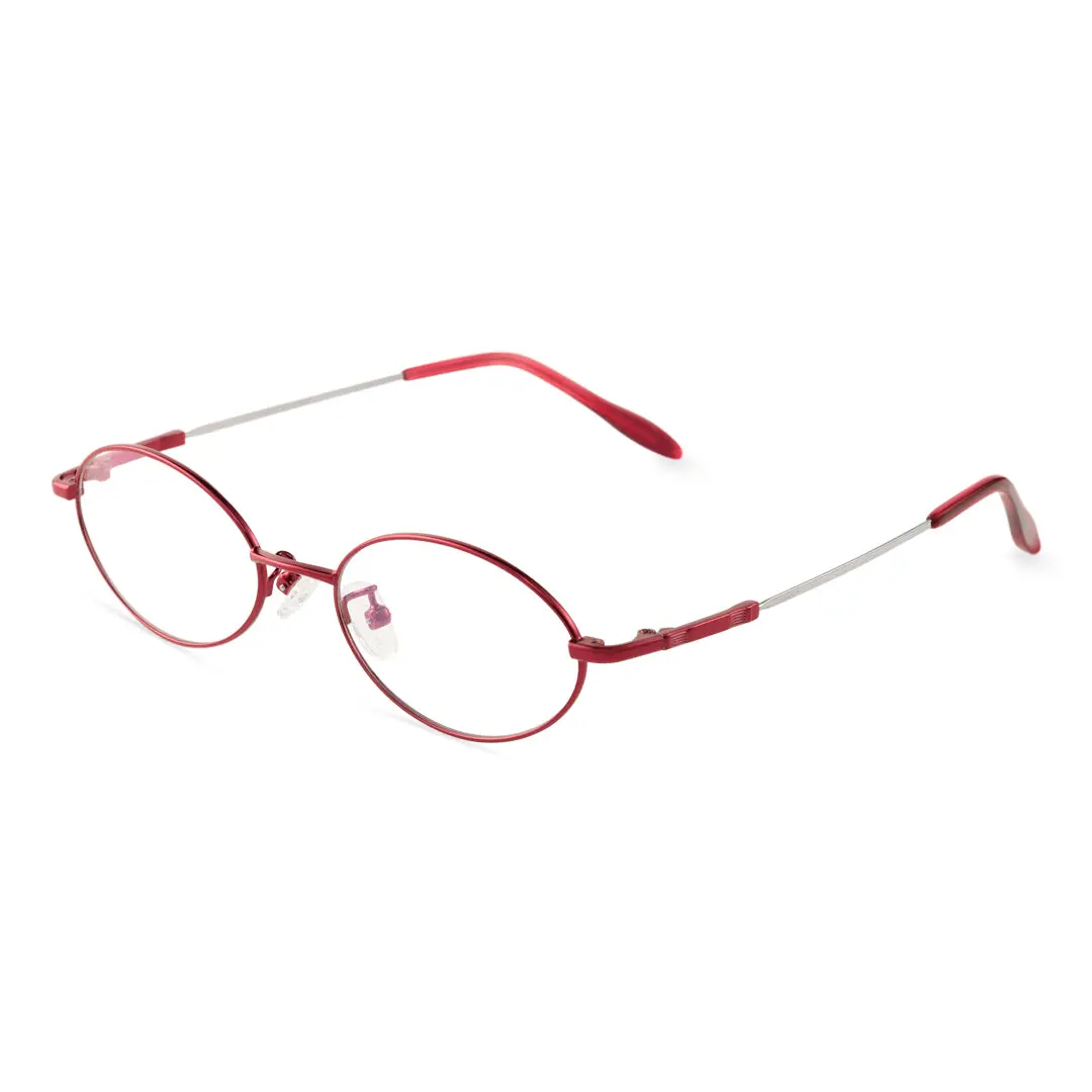 Angle view of Garnet oval metal eyeglasses OM0172410 in red