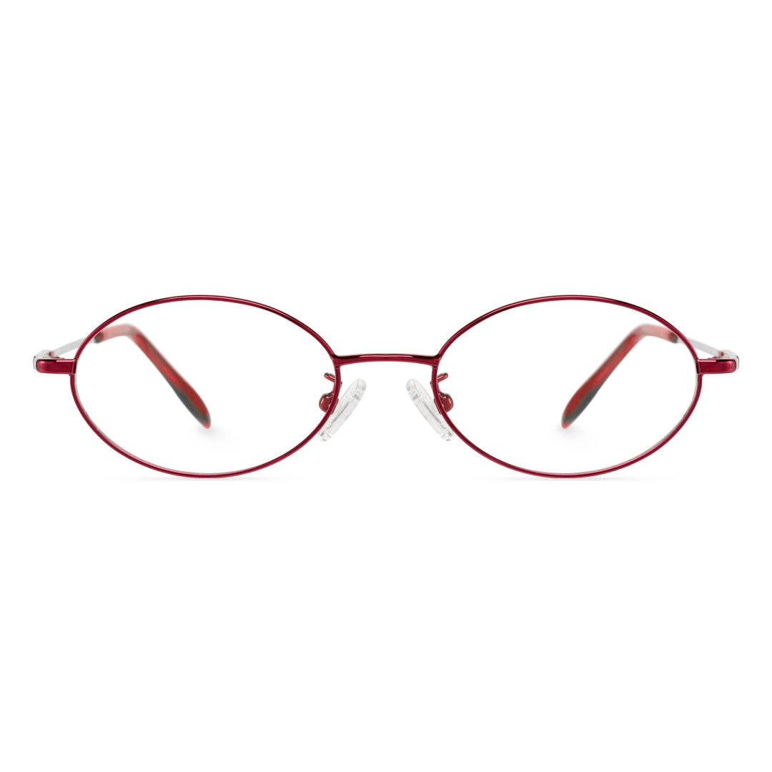 Front view of Garnet oval metal eyeglasses OM0172410 in red