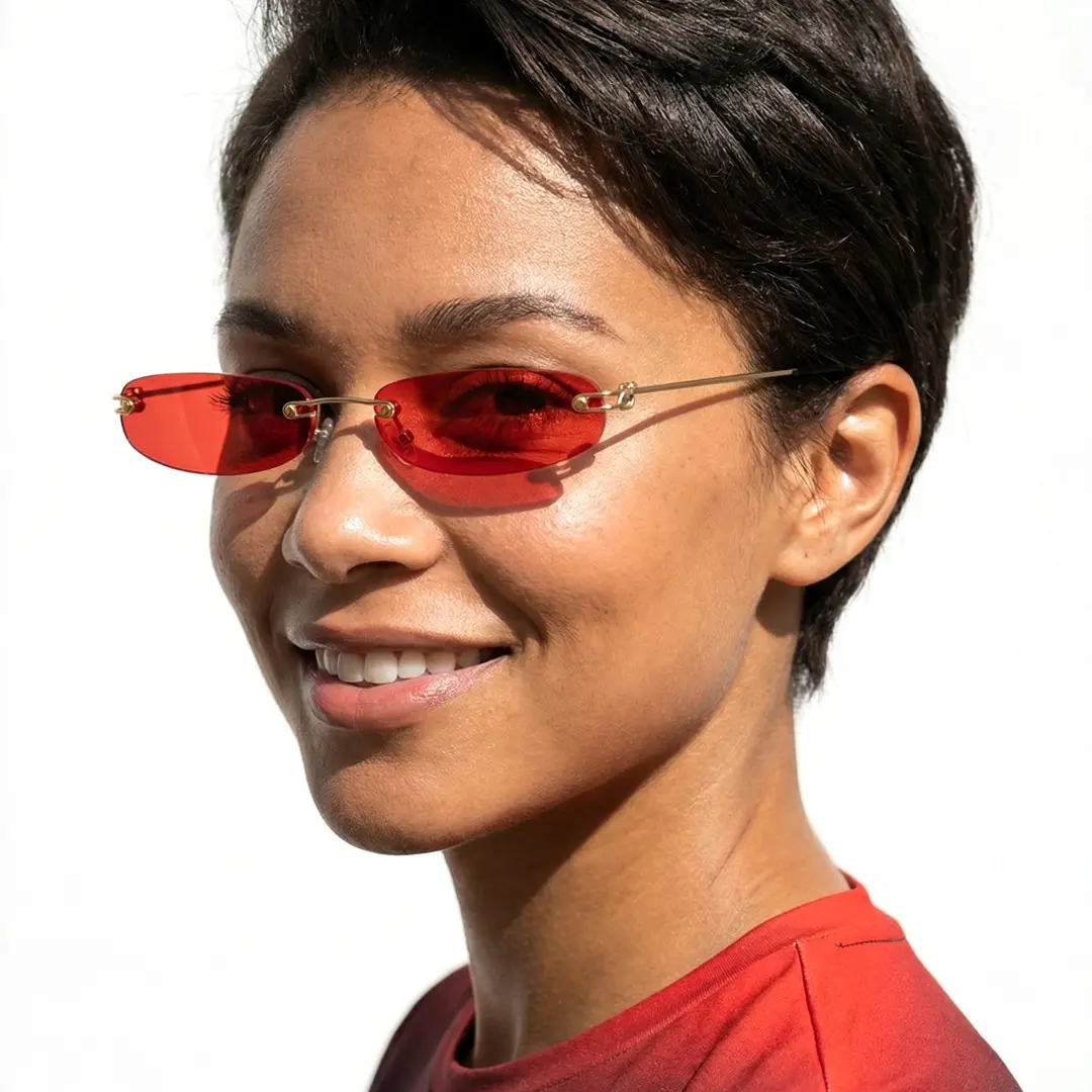 Portrait view of female wearing red rectangle sunglasses, natural smile, EP0112410