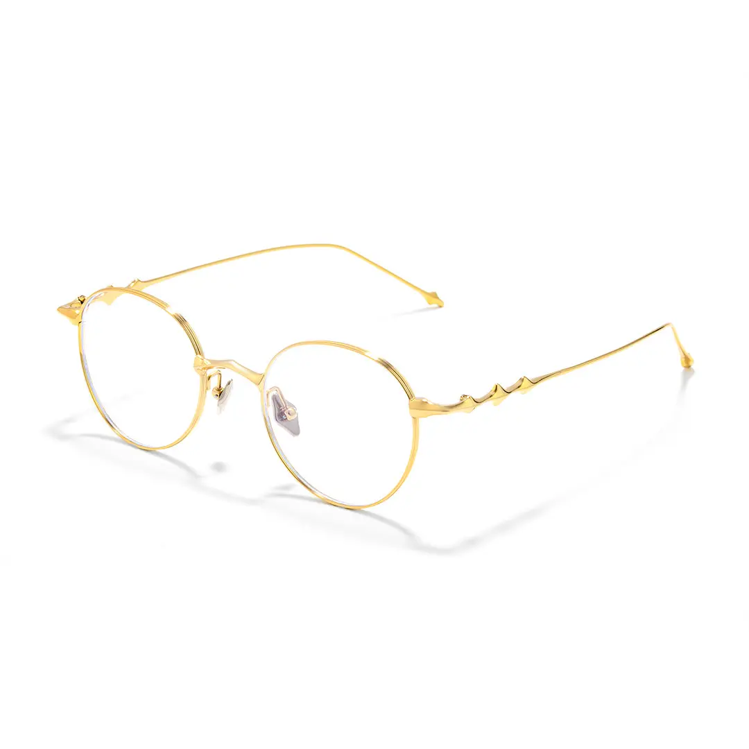 Angle view of Hus round titanium eyeglasses RT0312501 in gold
