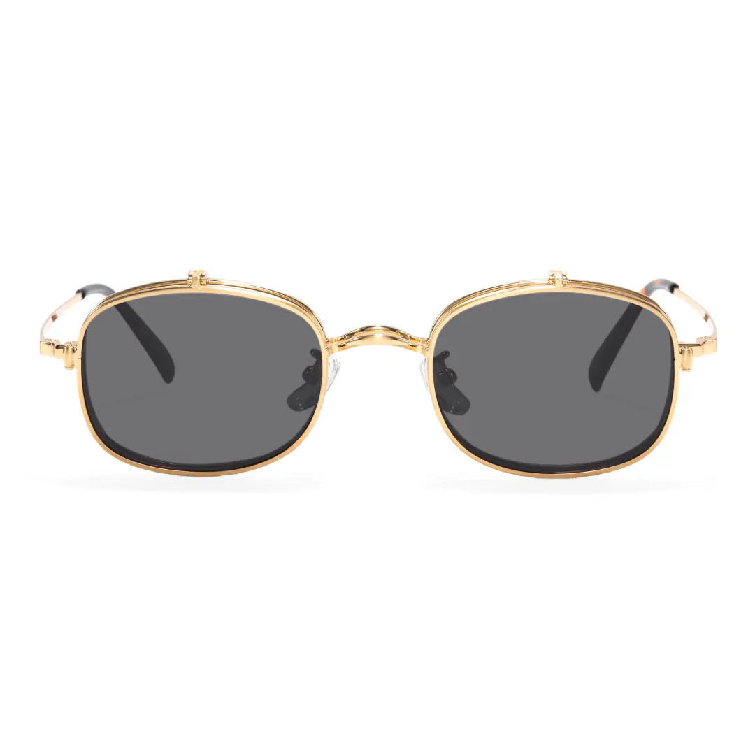 Front view of Hybe rectangle metal flip-up sunglasses EM0122603 in gold