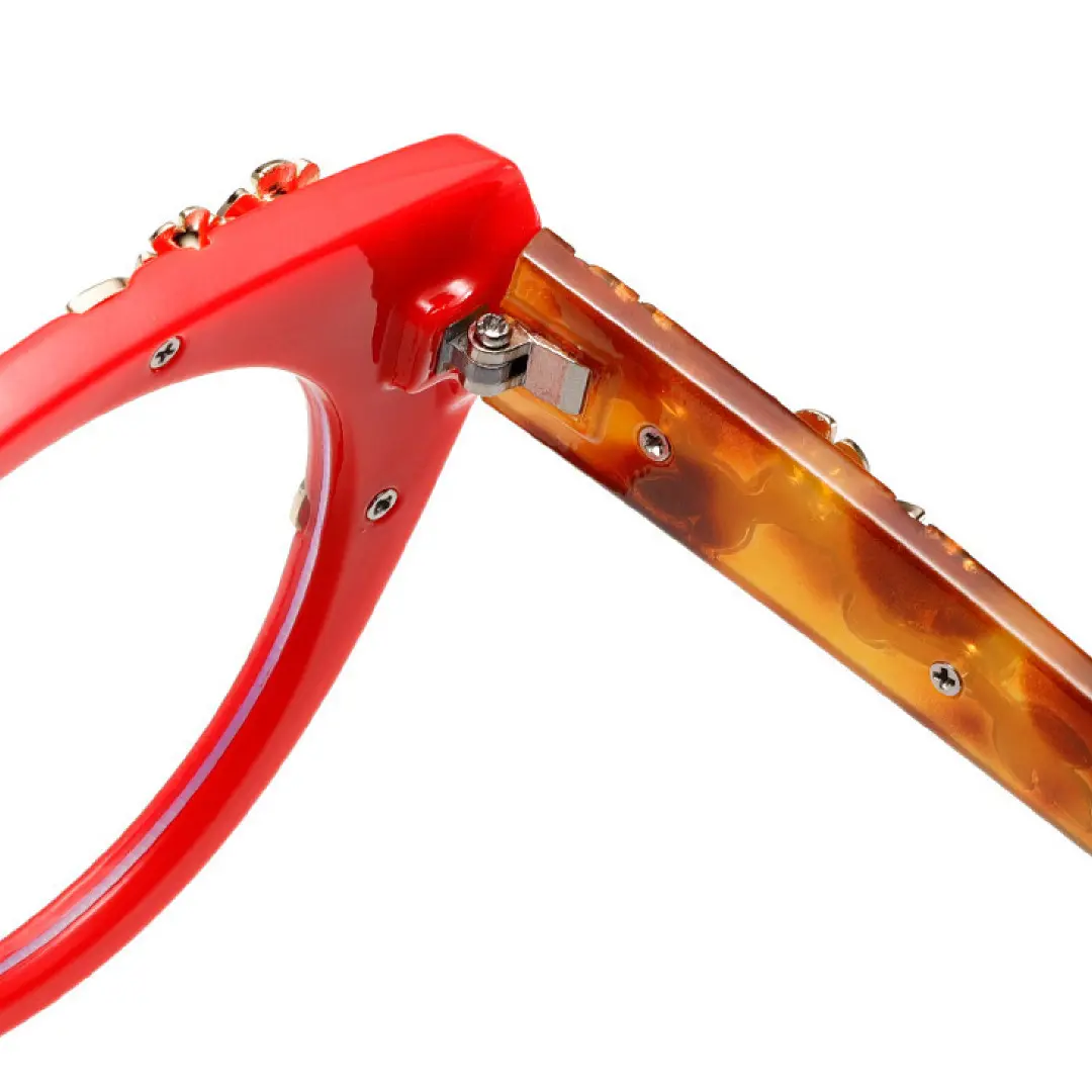 Spring hinge detail of Karina cat eye pc eyeglasses CP0012407 in red